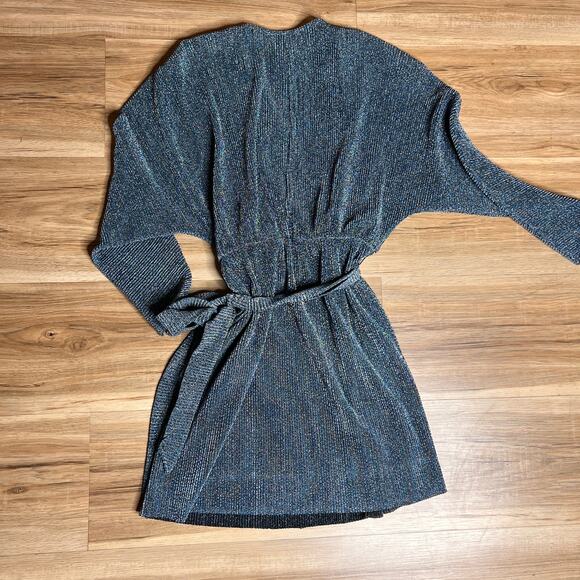 H&M Dress Blue Sparkly Faux Wrap Short Pleated Long Sleeve Tie Waist Size M - Picture 7 of 7
